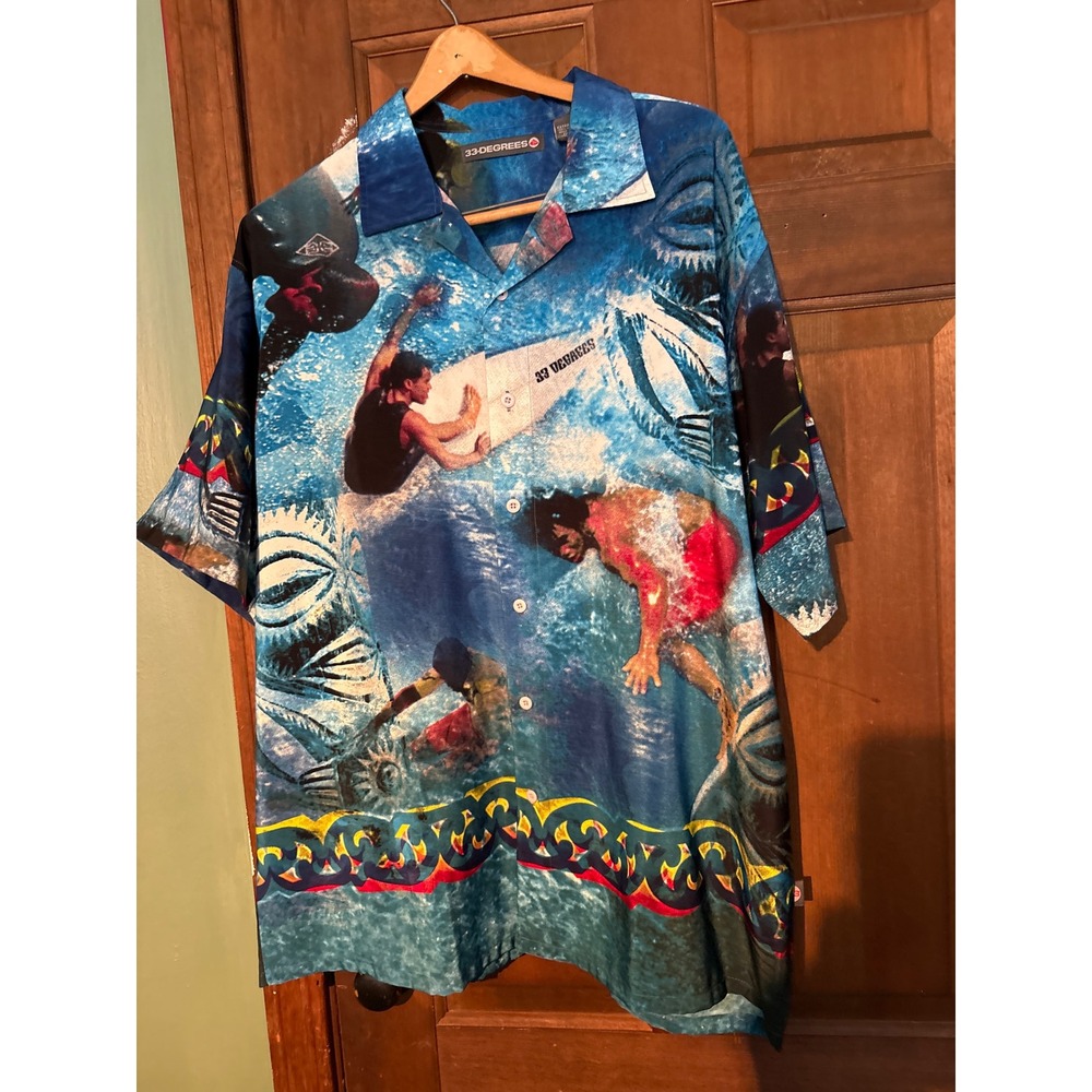 33 Degrees Mens XL Blue Graphic Surf Print Short‎ Sleeve Button Down Shirt Korea